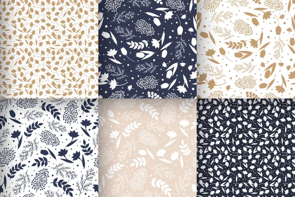 Seamless Floral Patterns Beige Navy Blue Colors Flowers Silhouettes Vector — Stock Vector