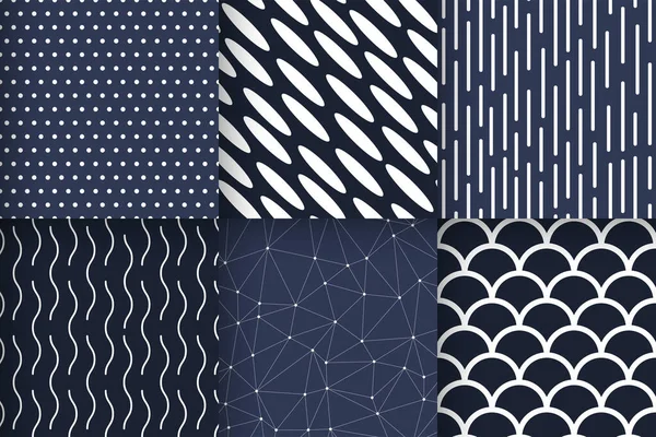 Conjunto Patrones Sin Costura Azul Marino Blanco Con Formas Geométricas — Vector de stock