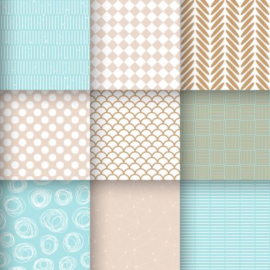 Geometrik şekilli, karalamalı, dalgalı, benekli, çizgili soyut, dikişsiz desenler. Pastel mavi, bej ve beyaz renk paleti ile vektör arkaplanı.