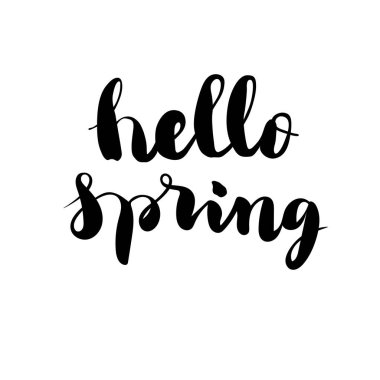 Merhaba bahar - el çizimi mürekkep siyah kalem harfleri beyaz arkaplan, fotoğraf örtüsü, vektör tasarım ögesi izole.