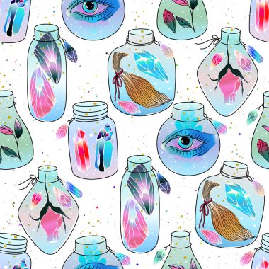 Sihirli renkli kavanozlar pürüzsüz desen. Sihirli göz, kristaller değerli taşlar, kelebek kanatları ve gül çiçeği içinde. Vektör arkaplanı.