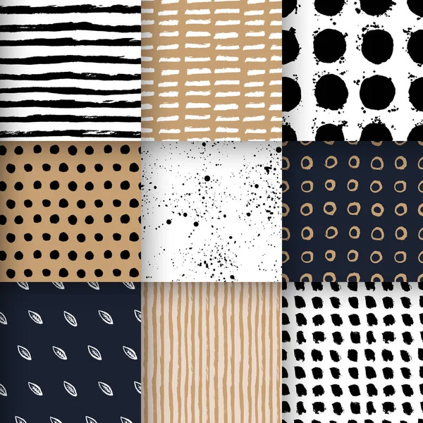 Set Hand Drawn Seamless Patterns Shapes Stripes Waves Polka Dot — Vector de stock