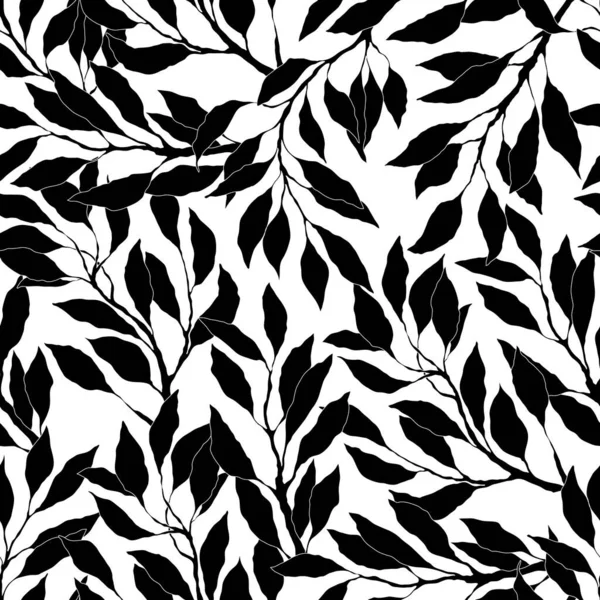 Feuilles Branches Noires Blanches Motif Sans Couture Fond Vectoriel — Image vectorielle