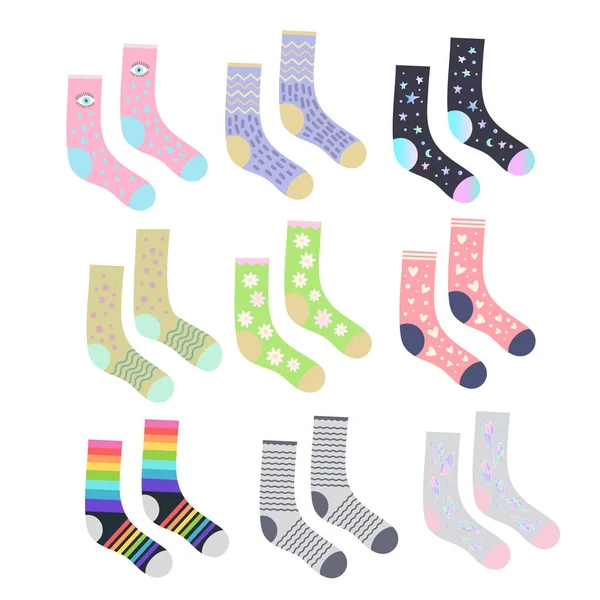 Funny Cute Socks Set Isolated Objects Cartoon Flat Design Vector — Stock Vector