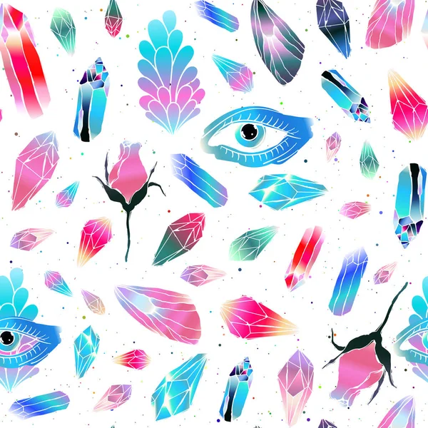 Magical Colorful Crystals Gemstones Seamless Pattern Blue Eye Wings Butterfly — Stock Vector