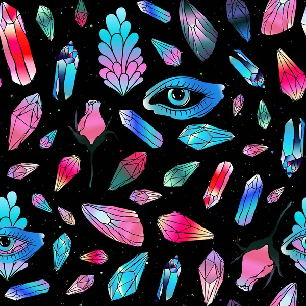 Magische Kleurrijke Kristallen Edelstenen Naadloos Patroon Blauwe Ogen Vleugels Van — Stockvector