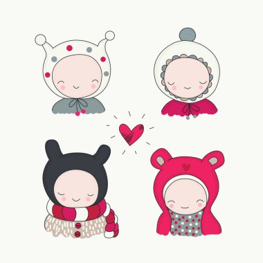 Kışlık giysiler içindeki çocuklar ve kalp izole edilmiş. Sevimli çocuklar, portre, komik takılar, vektör çizimleri Noel için mükemmel, Sevgililer Günü tebrik kartları..