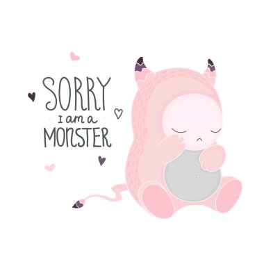 Sorry, I am a monster - card with lettering, vector illustration. Cute cartoon pink crying monster and hearts isolated for design of postcards, prints, t-shirts, stickers.