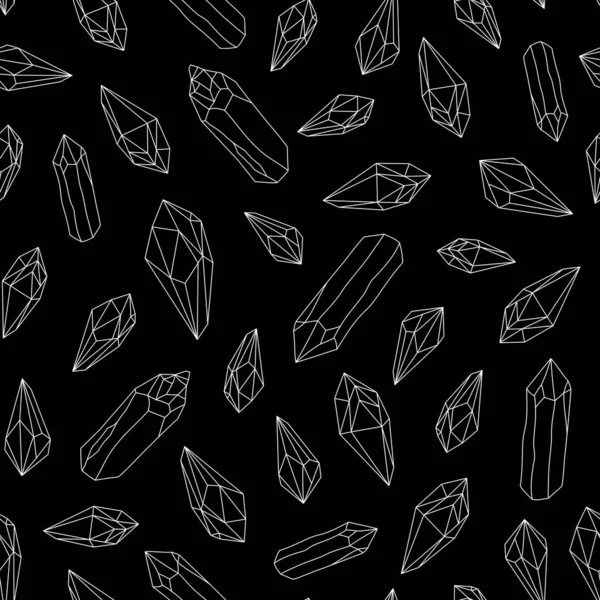 Seamless Pattern Line Art White Crystals Gems Black Background Vector — Stock Vector