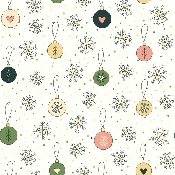 Симпатичный Рождественский Фон Нарисованными Вручную Снежинками Мячами Елка Xmas Seamless — стоковый вектор
