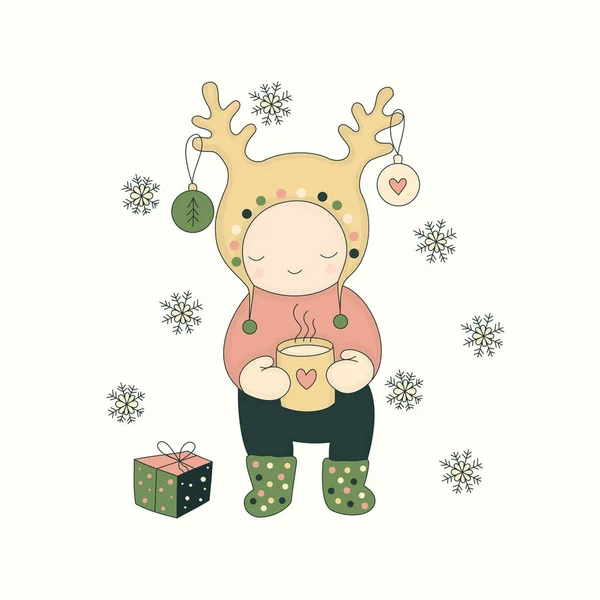 Vektorillustration Netter Charakter Mit Tee Und Geschenk Und Schneeflocken Weihnachtsgrußkarte — Stockvektor