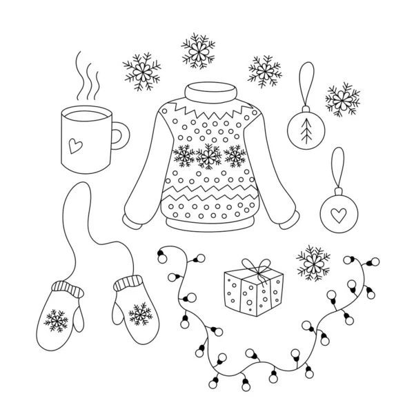 圣诞套装上有卡通画的黑白物品 为圣诞贺卡 彩色书的设计收集孤立的矢量元素 可爱的手套 球和礼物 — 图库矢量图片