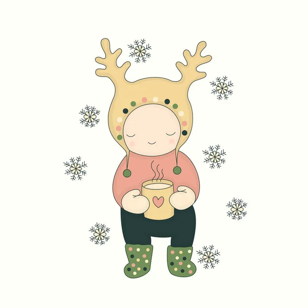 Vector Illustration Cute Character Hat Deer Horns Mug Tea Snowflakes — ストックベクタ