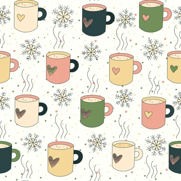 ヴィンテージ冬シームレスパターン ベクトルイラスト かわいいお茶のマグカップやコーヒー 雪の結晶 包装紙 生地に最適です — ストックベクタ