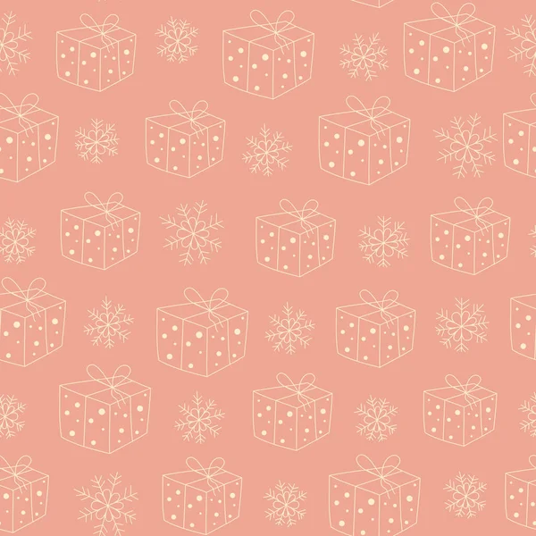 Nahtloses Muster Mit Silhouette Von Handgezeichneten Weihnachtsgeschenken Schachteln Und Schneeflocken — Stockvektor