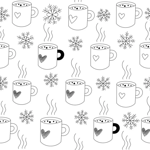 黒と白の冬のシームレスなパターン ベクトルイラスト かわいいお茶のマグカップやコーヒー 雪の結晶 布を包むのに最適な落書きの背景 — ストックベクタ