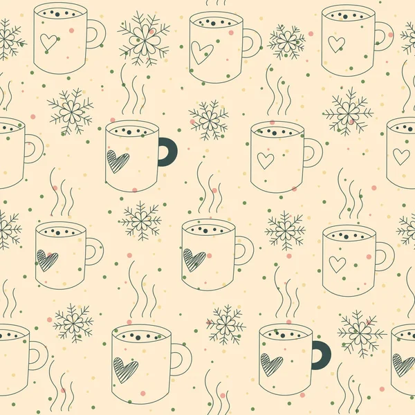 Vintage Winter Seamless Pattern Vector Illustration Cute Mugs Tea Hot — стоковый вектор