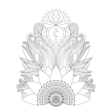 Süslü siyah beyaz nilüfer çiçekleri. Etnik dekoratif unsur, çizgi sanatı, boho tasarımı. El çizimi çiçek deseni beyaz arka planda izole edilmiş. Vektör sanatı.