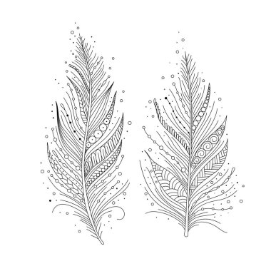 Boho tarzı tüyler, mehndi Hint sanatı, el yapımı sanat yalıtılmış dekoratif elementler. Vektör. Parmak izi, dövme için kullanılabilir..