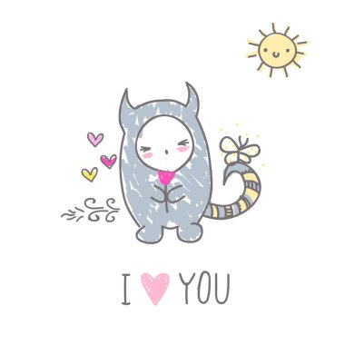 Cute monsters in love holding flower, farts and hearts, sketch naive art illustration, hand drawn cartoon funny character in vector.