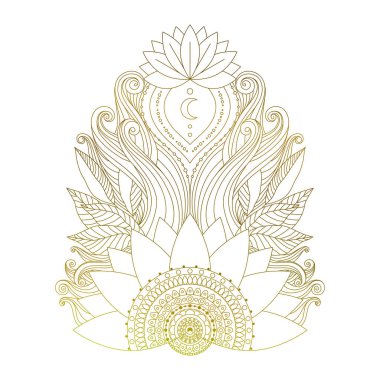 Nilüfer çiçekli ve yapraklı altın mehendi elementi. Etnik boho süsü, dövme, çıkartma, yoga tasarımı için izole tasarım. Vektör illüstrasyonu.