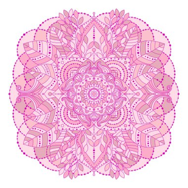 El çizimi çiçek mandala, pembe renkli, krem bej renkli, izole dekoratif element. Vektör sanatı, etnik Asya Hint süsü, boho stili..