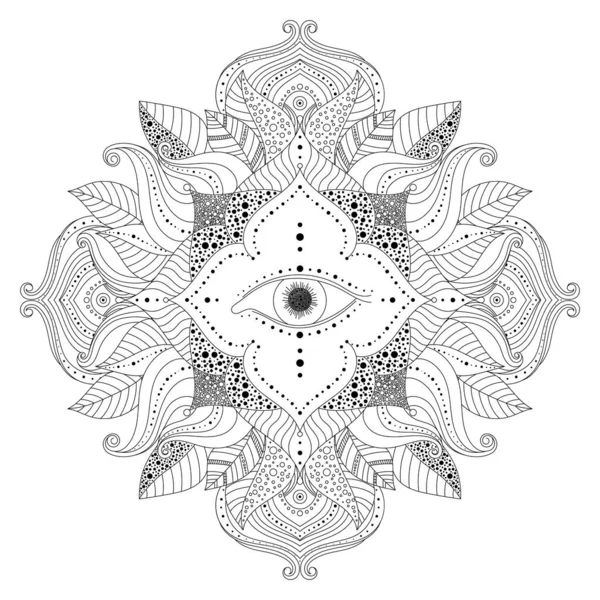 Hand Drawn Black White Mandala Magic Eye Flower Leaves Boho — Stock Vector