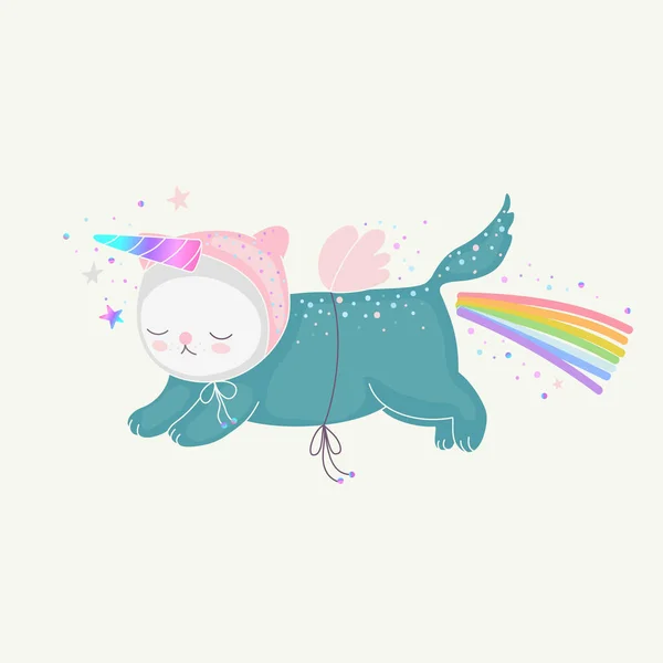 Funny Unicorn Cat Rainbow Magical Horn Confetti Cute Flying Comic — Stockvector
