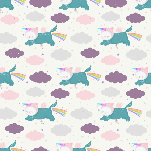 Lindos Gatos Unicornio Dibujos Animados Cielo Patrón Sin Costuras Fondo — Vector de stock