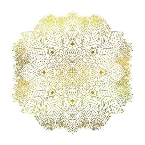 Mandala Fleuri Doré Avec Feuilles Ornement Isolé Dessiné Main Élément — Image vectorielle