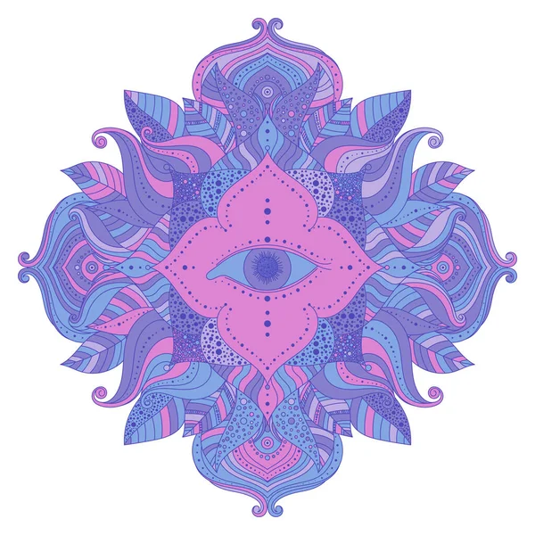 Mistik Mandala Çiçek Çerçevesinde Gören Göz Pembe Mavi Menekşe Renkli — Stok Vektör
