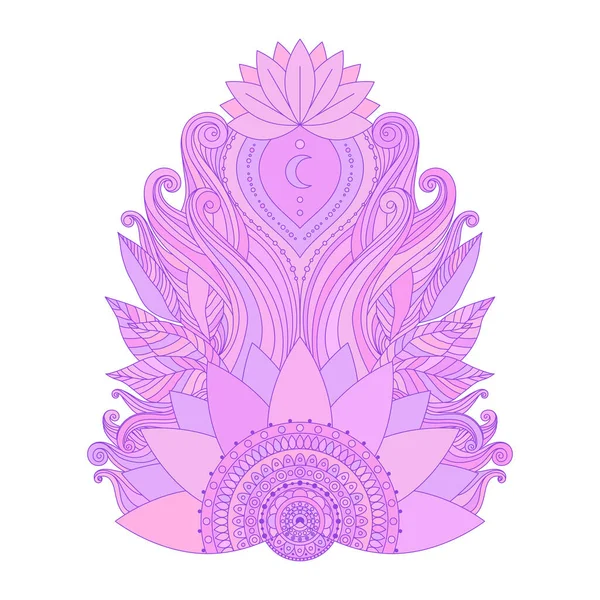 Spiritual Symbol Ornamental Cold Pink Violet Lotus Flowers Leaves Moon — Stock Vector