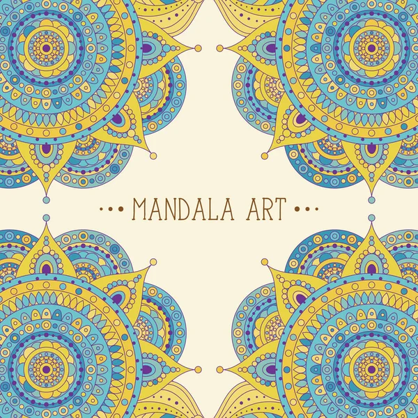 Ethnic Boho Arabic Asian Pattern Frame Mandalas Blue Yellow Colored — Stock Vector