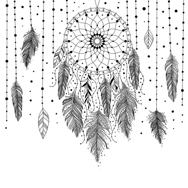 Černobílý Ručně Kreslený Lapač Snů Květinovými Detaily Peřím Vektorové Ilustrace — Stockový vektor