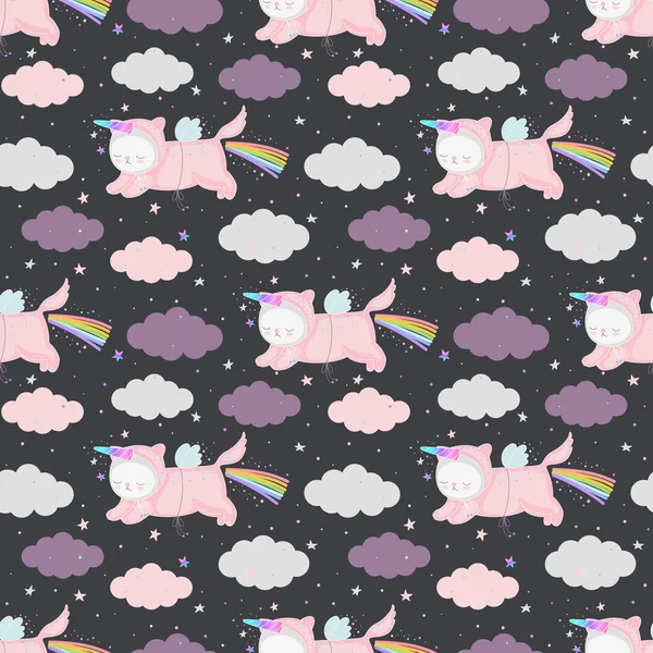 Cute Cartoon Unicorn Cats Night Sky Seamless Pattern Vector Background — Stockvector