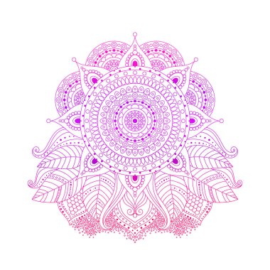 Mor pembe renkli mandala, çizgi sanatı, boho tarzında parlak çiçek süsü, ya da hippi, çingene, beyaz arka planda izole edilmiş, Asyalı tasarım unsuru, vektör çizimi.