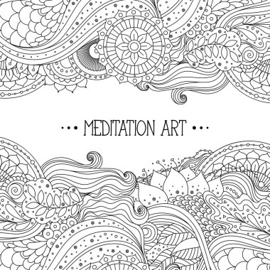 Mandalalarla süslenmiş etnik çiçek süsü. Boho tasarımı. Tebrik kartı, boyama kitabı ve davetiye için siyah beyaz desen. Vektör illüstrasyonu.