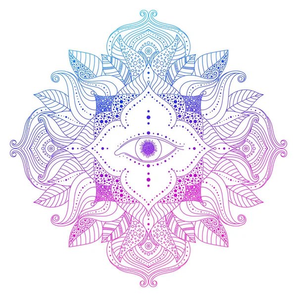 Mystic Mandala Seeing Eye Floral Frame Pink Blue Violet Colored — Stock Vector
