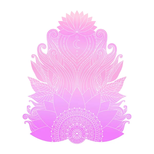 精神的なシンボル 観賞用の冷たいピンクの蓮の花や葉 民族的なアジアの芸術 手描きのタトゥー Boho服のデザインのためのインドの装飾的孤立要素 — ストックベクタ