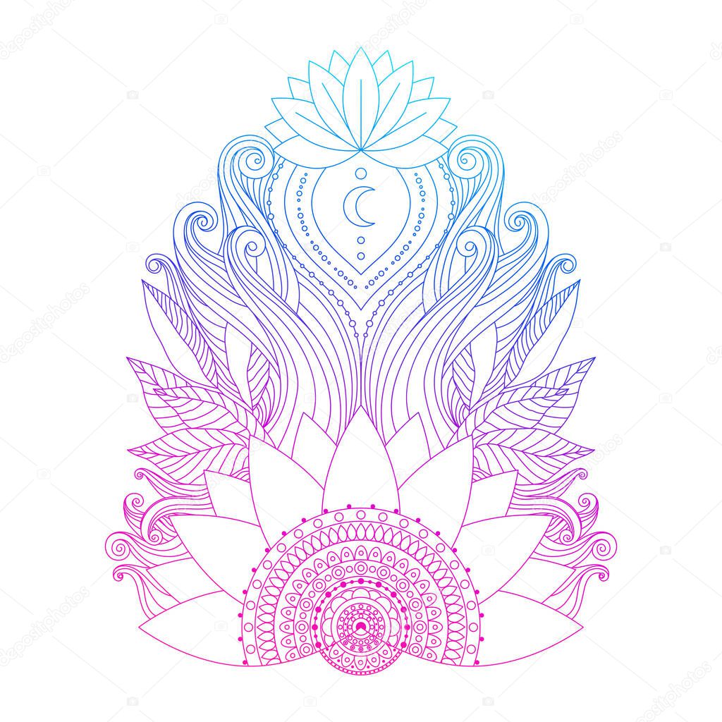 Spiritual symbol, ornamental pink blue lotus flowers and leaves, ethnic Indian art. Hand drawn decorative isolated element for tattoo, yoga, boho clothes design.