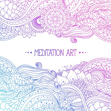 Mandala ve nilüfer çiçekli etnik çiçek deseni. Boho tasarımı. Beyaz arka planda pembe ve mavi süsleme çerçevesi, çizgi sanatı, tebrik kartı, davetiye. Vektör illüstrasyonu.