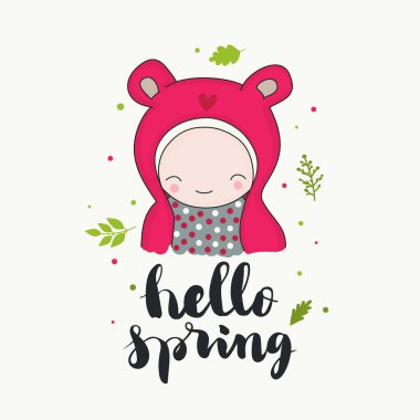 Merhaba ilkbahar. El yazması mektuplar, kulakları, kalbi ve yeşil yaprakları olan gülümseyen sevimli bir çocuk. Tebrik kartı. İzole vektör karikatür çizimi.