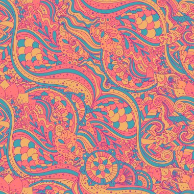 Boho etnik Asyalı kusursuz desen. Çiçek detaylarıyla el çizimi, soyut bir süs. Vektör arkaplanı.