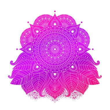 Süslü çiçekli etnik tasarım elementleri izole edilmiş, vektör sanatı, Hint, Asya dekoru. El çizimi boho tarzı, pembe çingene çizimi, dövme için menekşe rengi, kart, davetiye.