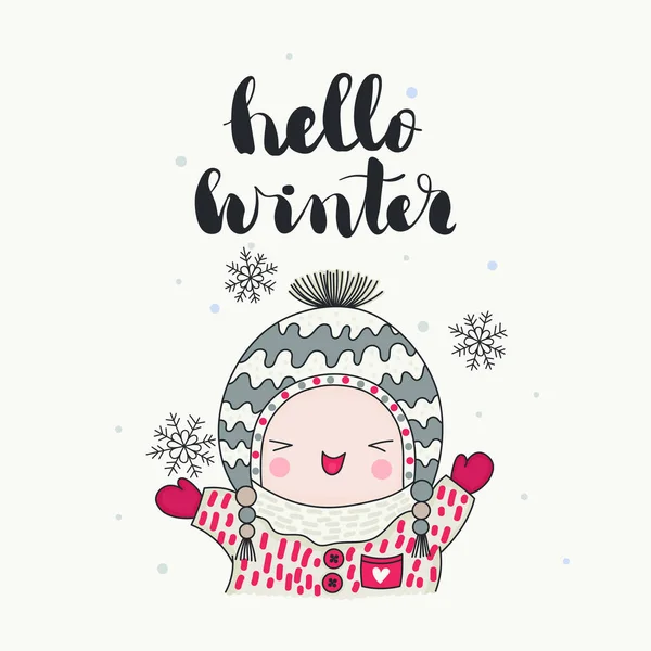 Personagem Engraçado Rindo Chapéu Engraçado Flocos Neve Olá Inverno Letras —  Vetores de Stock