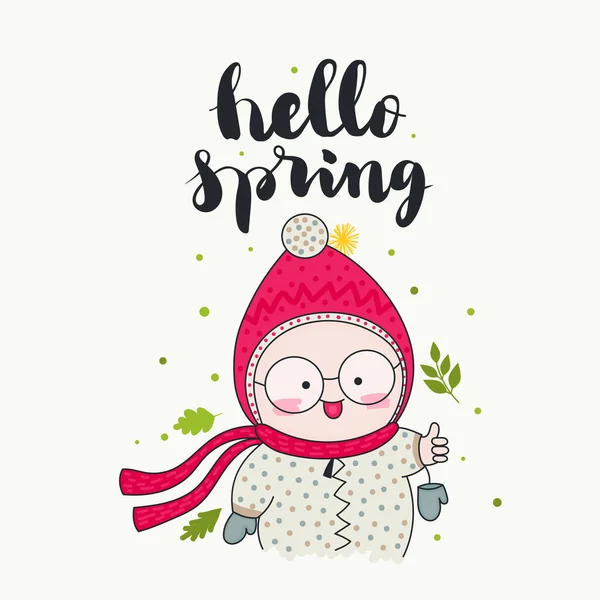 Hello Spring Handwritten Lettering Smiling Child Cute Beanie Scarf Green — стоковый вектор