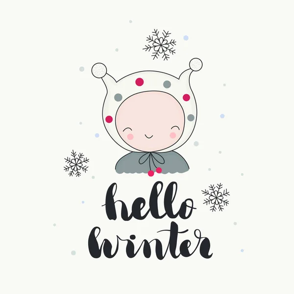 Ένα Χαριτωμένο Χαμογελαστό Χαρακτήρα Αστεία Beanie Νιφάδες Χιονιού Hello Χειμώνα — Διανυσματικό Αρχείο