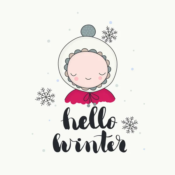 Ένα Χαριτωμένο Χαμογελαστό Χαρακτήρα Αστεία Beanie Νιφάδες Χιονιού Hello Χειμώνα — Διανυσματικό Αρχείο