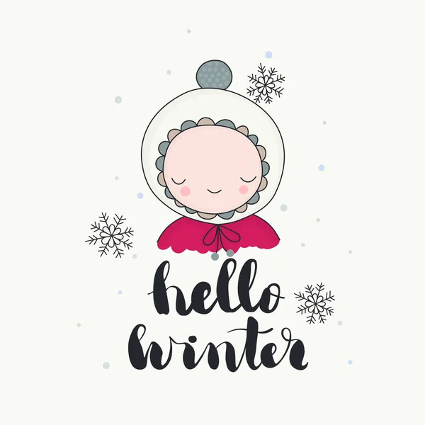 Simpatico Personaggio Sorridente Divertente Berretto Fiocchi Neve Ciao Inverno Lettering — Vettoriale Stock