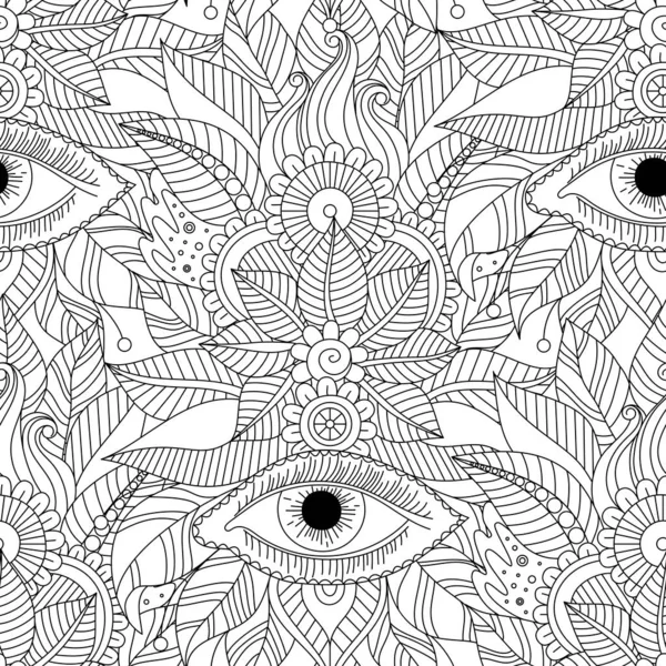 Ethnic Floral Hand Drawn Seamless Pattern Mystery Eyes Vector Vintage — 图库矢量图片